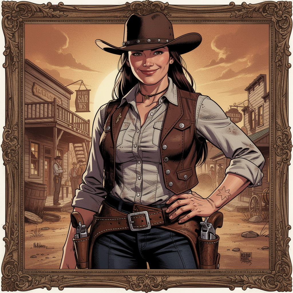 cowboy girl with guns in a western scene with a picture frame, red dead redemption art style, cowgir...
