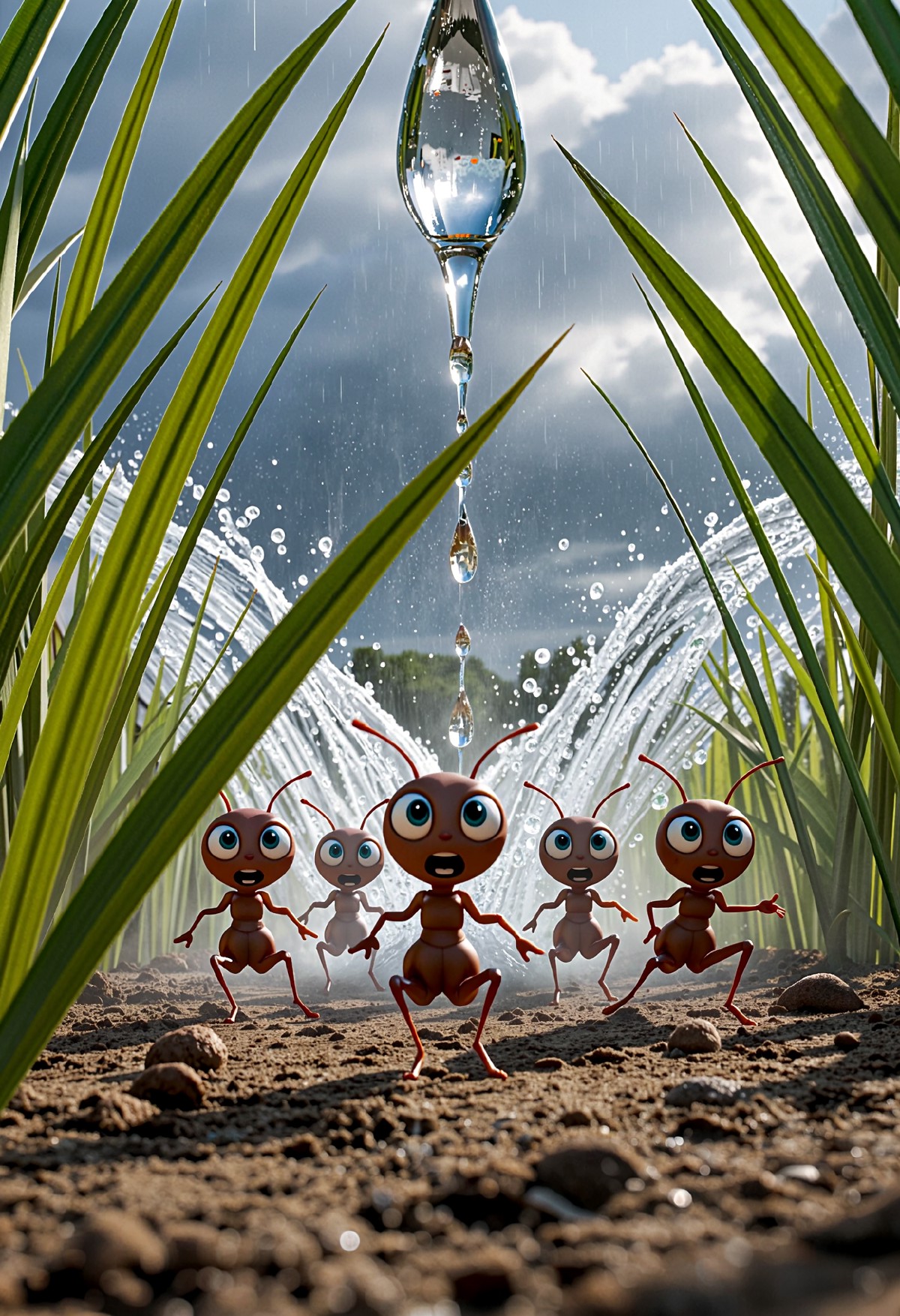 3D animation movie scene macro shot showing anthropomorphic ants running towards the viewer. The ants have a cute design