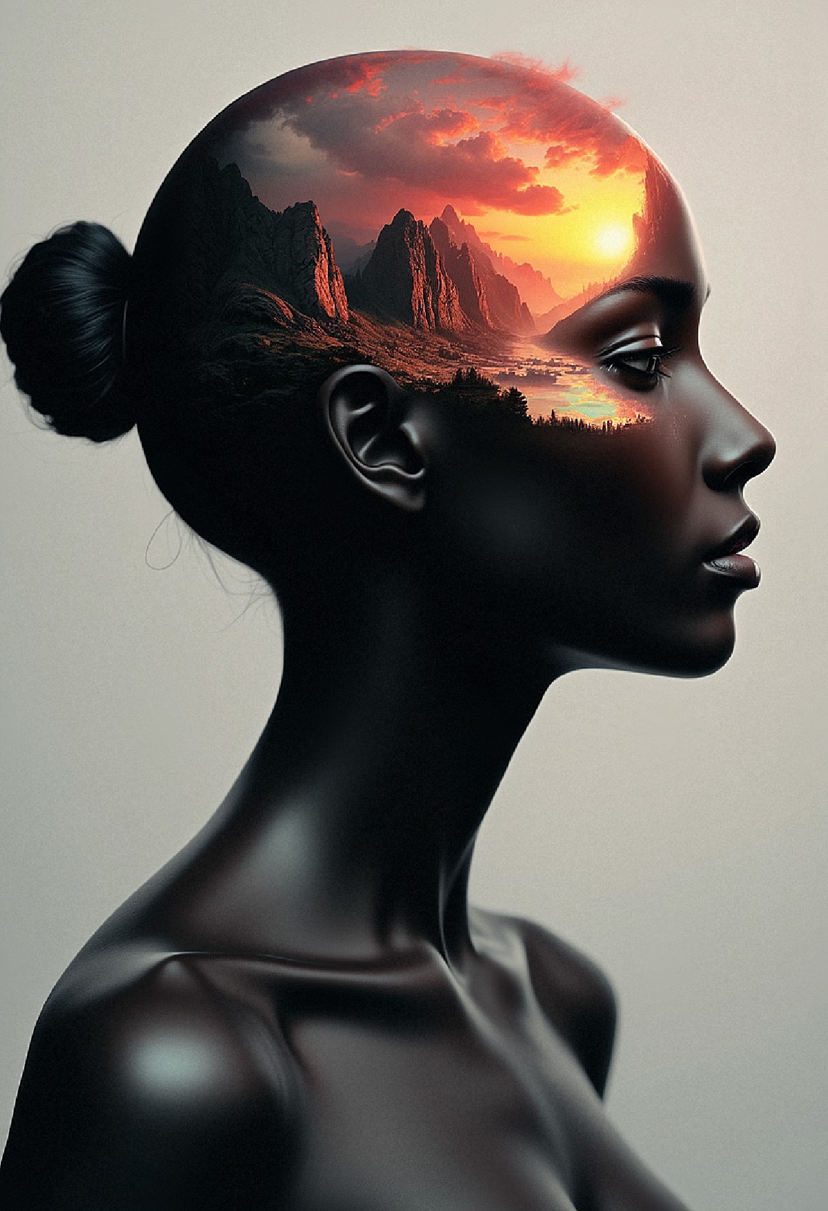 Side profile of a female figure with smooth, shiny, black skin. Her head is semi-transparent, revealing an internal land