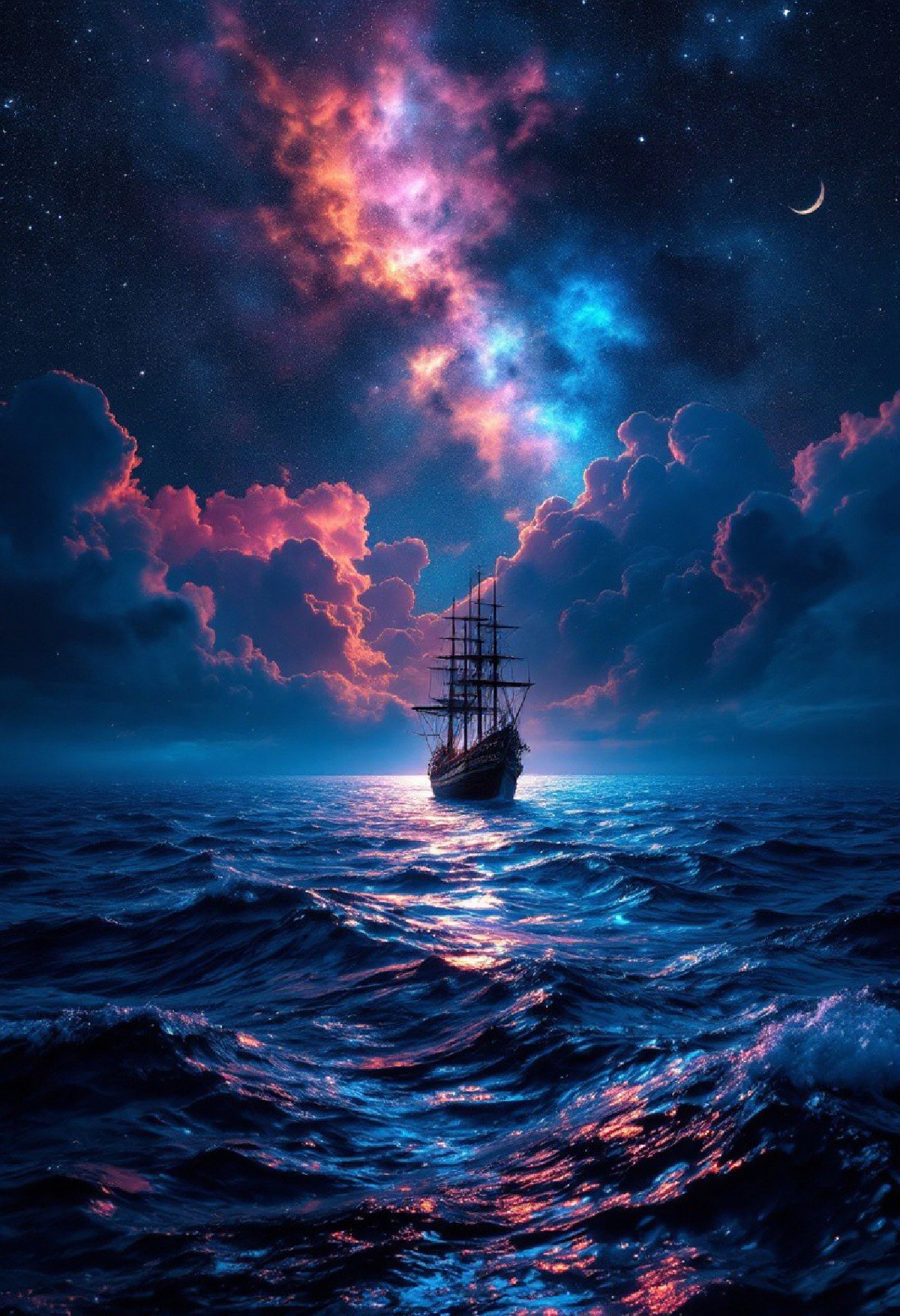 A breathtaking cinematic shot of a celestial seascape, where a lone ship glides across the deep blue ocean. The ancient