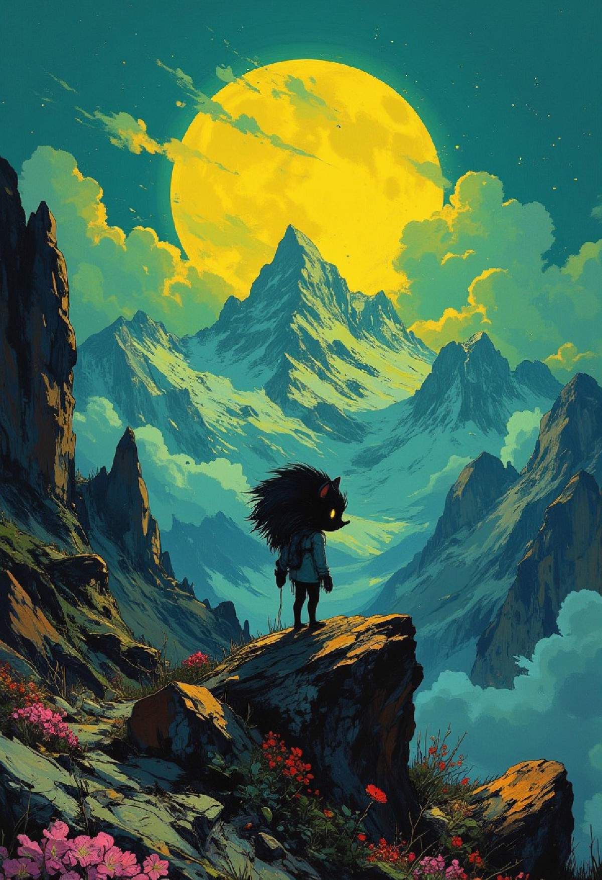 Vector art, detailed mountain, NeoPigma, in the style of cksc, DB4RZ, ((Shadow the hedgehog)) with an air of melancholic