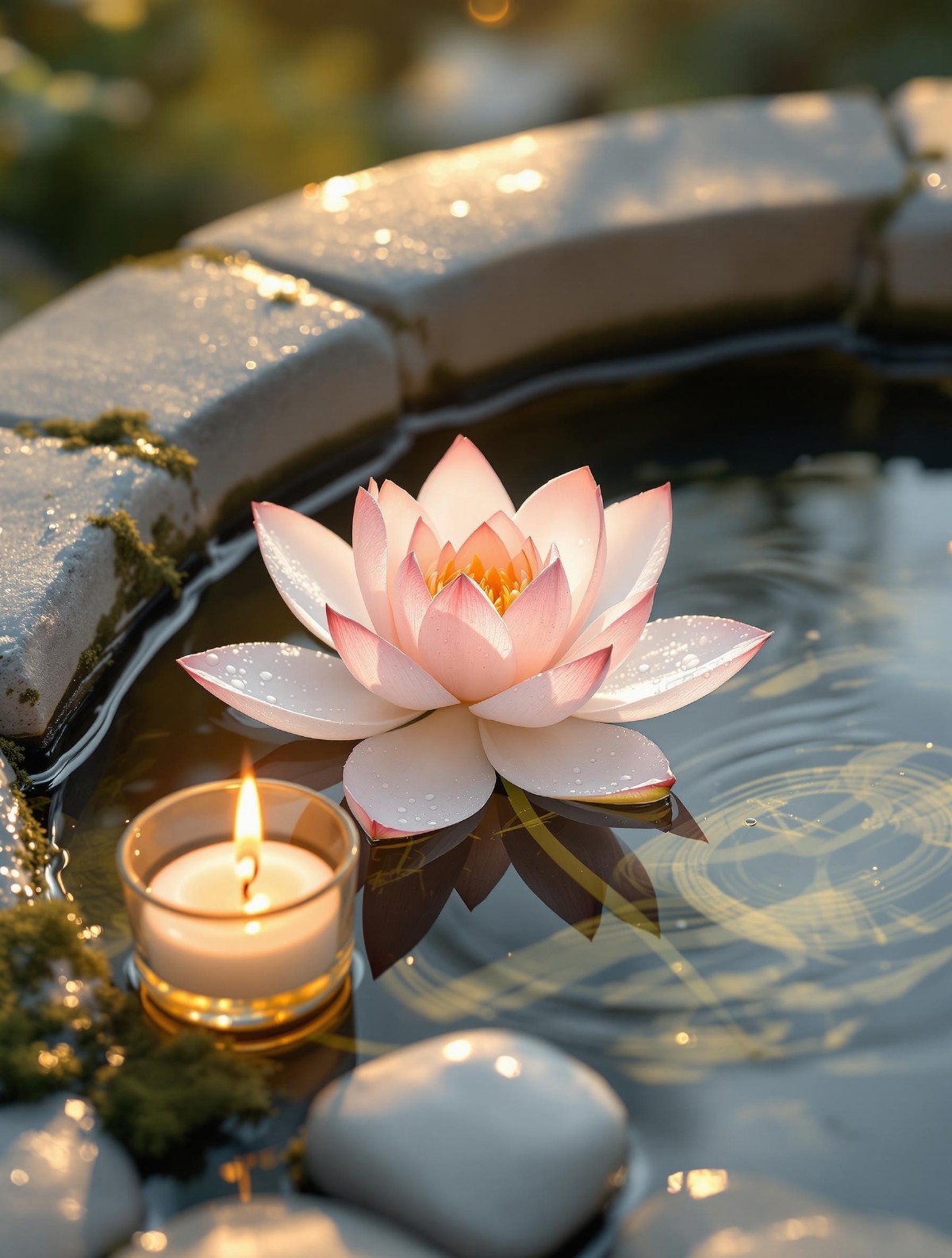 "Create a hyper-realistic, close-up photograph of a minimalist Zen scene in RAW, style, bathed in warm, calming light. T