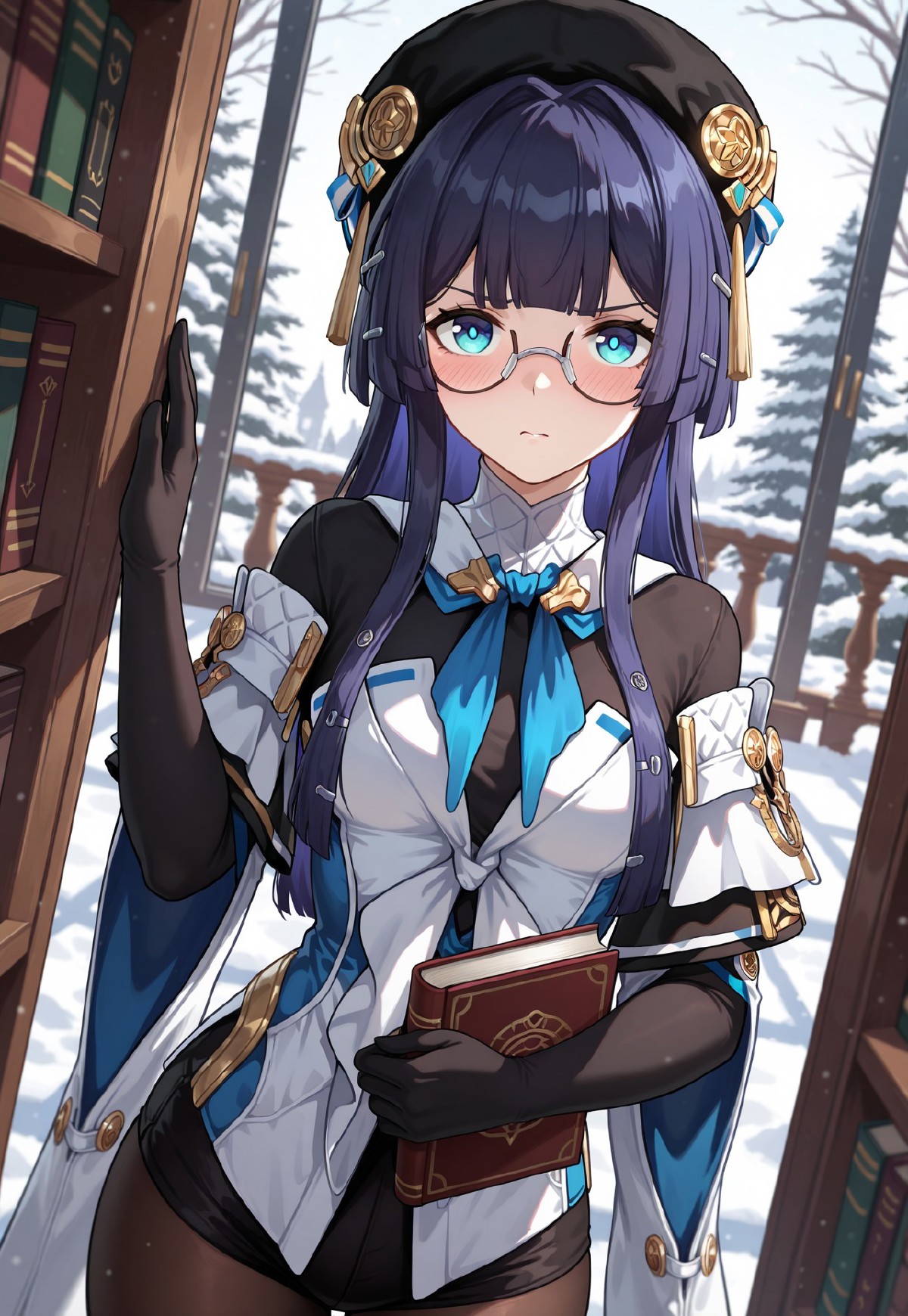 pela \(honkai starrail\), beret, black gloves, black headwear, blue eyes, dress, glasses, gloves, long hair, pantyhose,