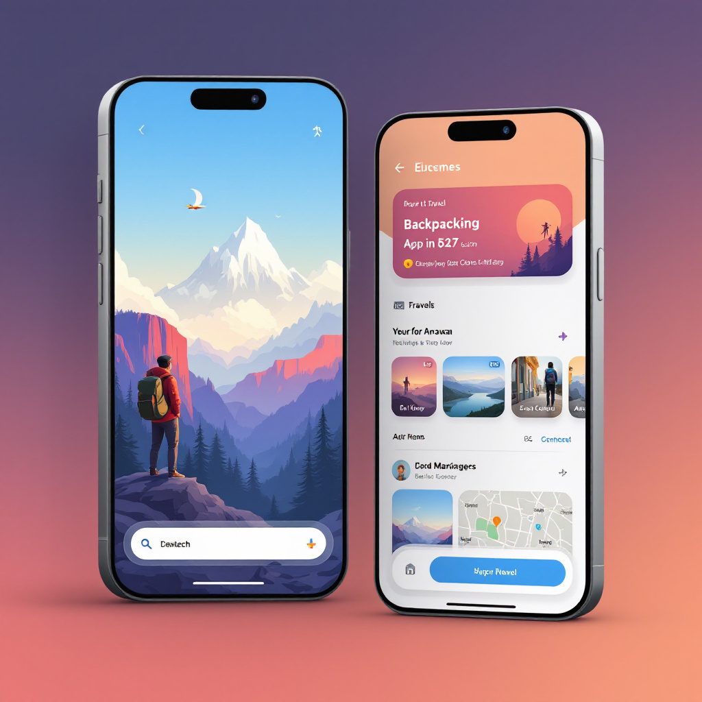 travel app design for backpackers, UI --ar 2:3 --q 2 --v 5