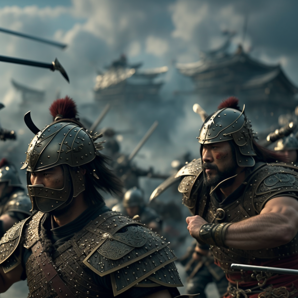 An outstanding, high-quality CGI render that portrays an epic battle between a courageous samurai an...