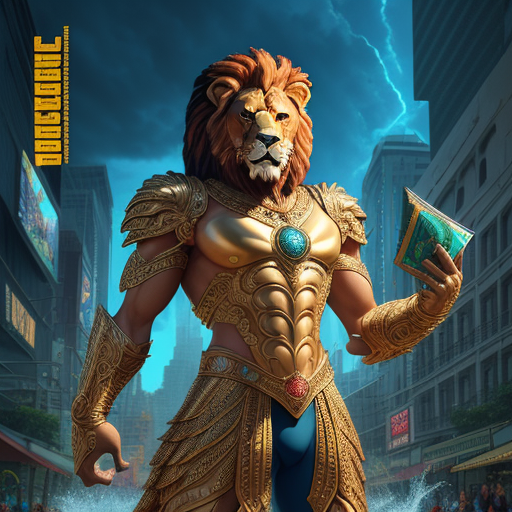great Lion Roar as a superhero with intricate ornate armor standing in the city of atlantis,givin te...