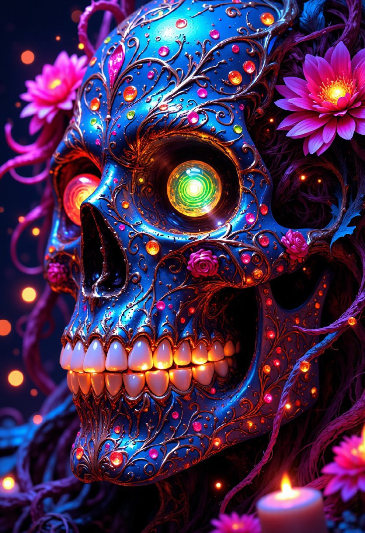 A close-up of a vivid sugar skull with neon pinks, electric blues, and striking lime greens. The skull’s eye sockets glo