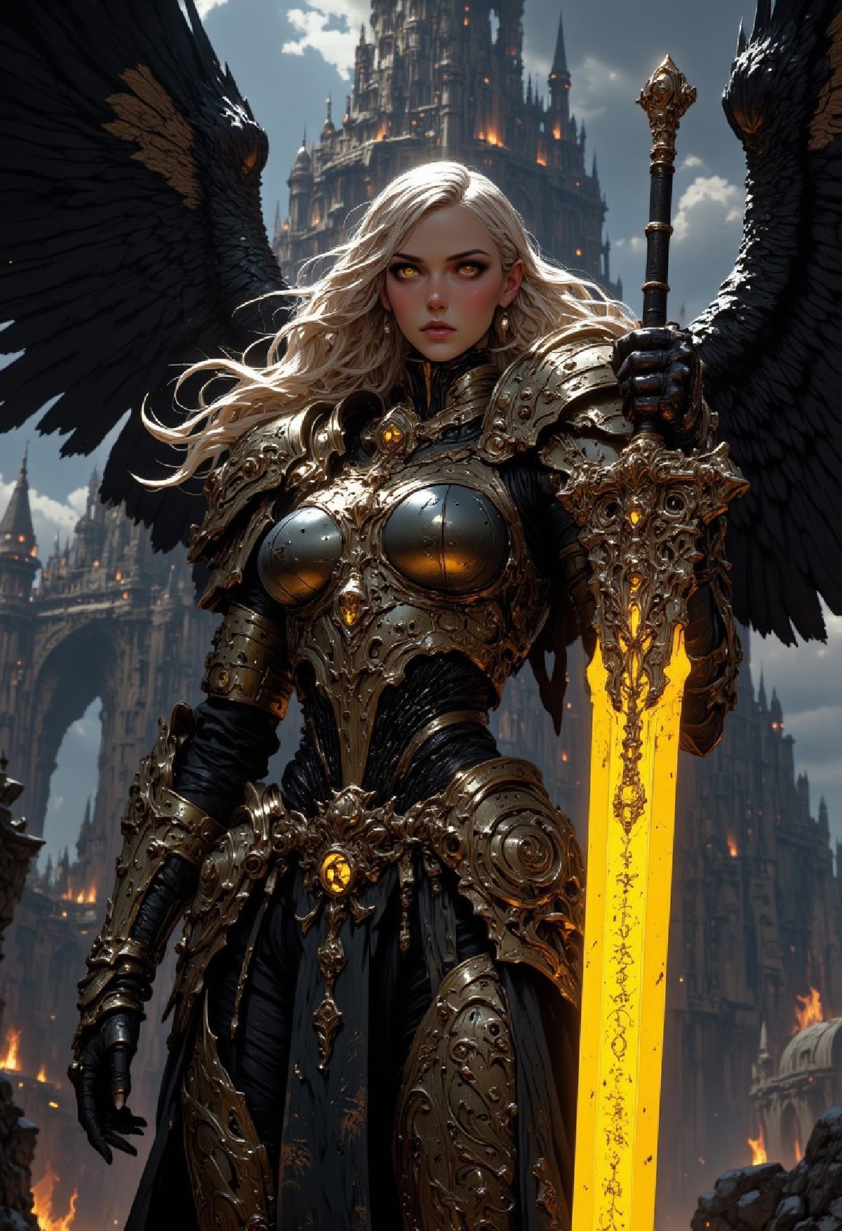This high-quality digital artwork depicts a fierce, armored female warrior angel with long, flowing golden hair, holding