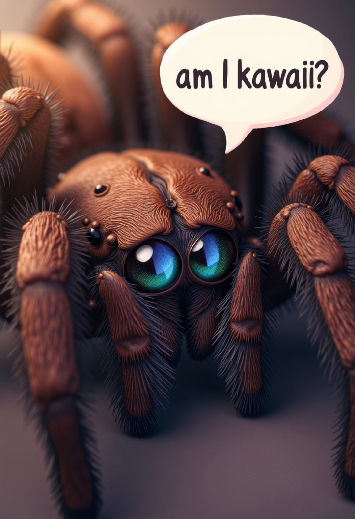 a close-up image of a tarantula, the image shows intricate detail of the tarantula with anime-style eyes. Speech bubble: