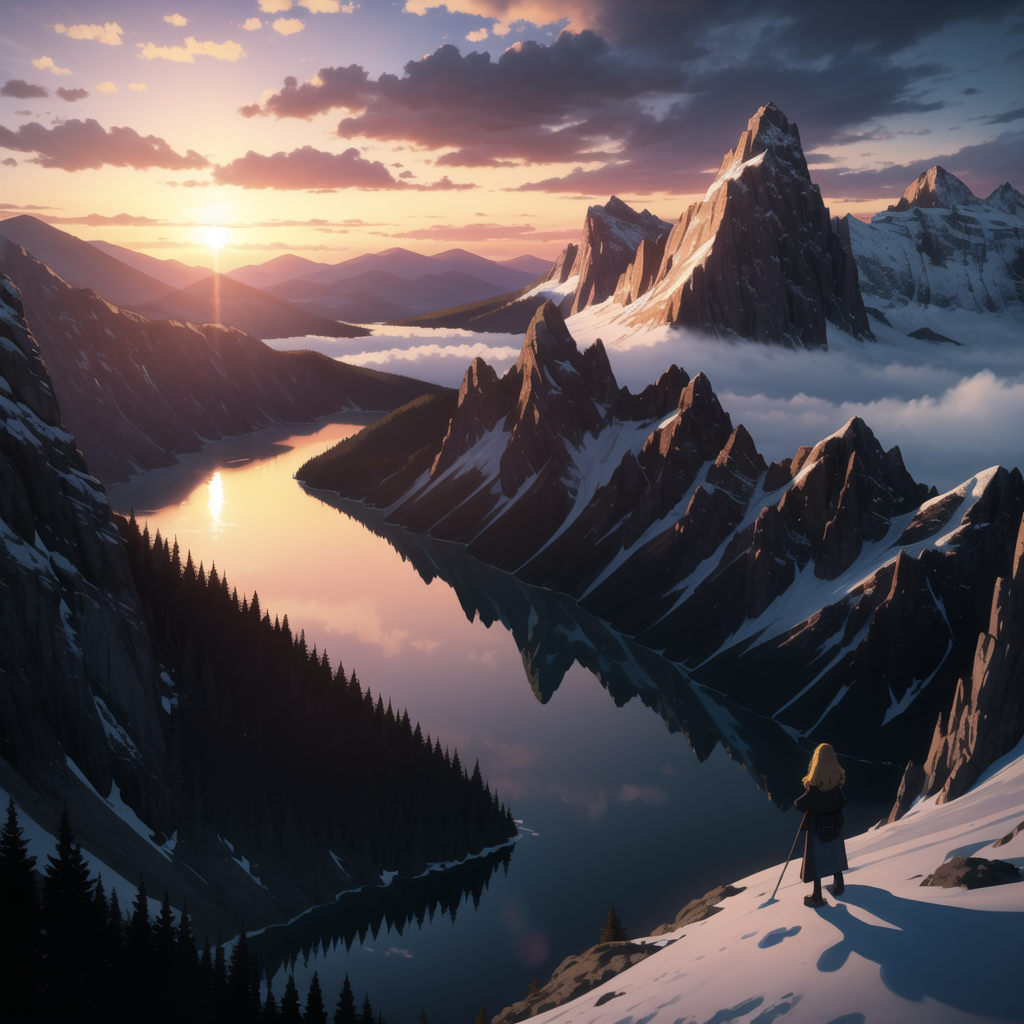 masterpiece, best quality, ultra-detailed, realistic, CG, a beautiful ((mountain lake)) at sunset, d...
