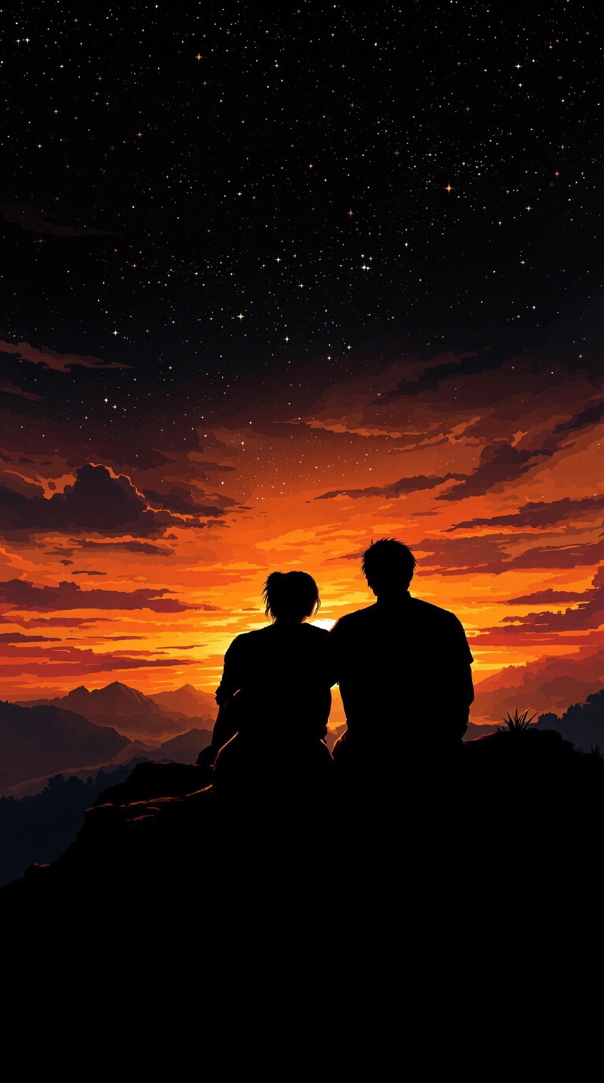 A cinematic digital painting of two silhouetted figures, possibly a couple, sitting side-by-side on a rocky outcrop. The
