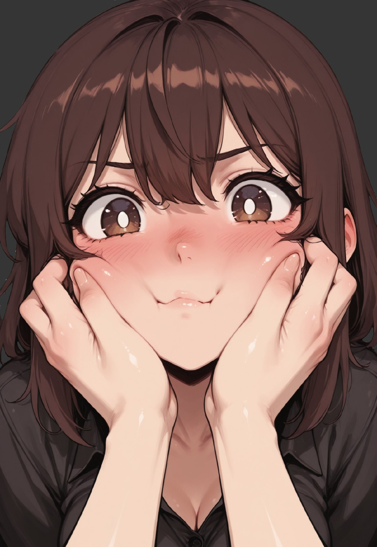 (dynamic:1), 1girl, plamix, brown hair, brown eyes, white pupils, close up, female hand, squeezing cheeks, blushing, pou