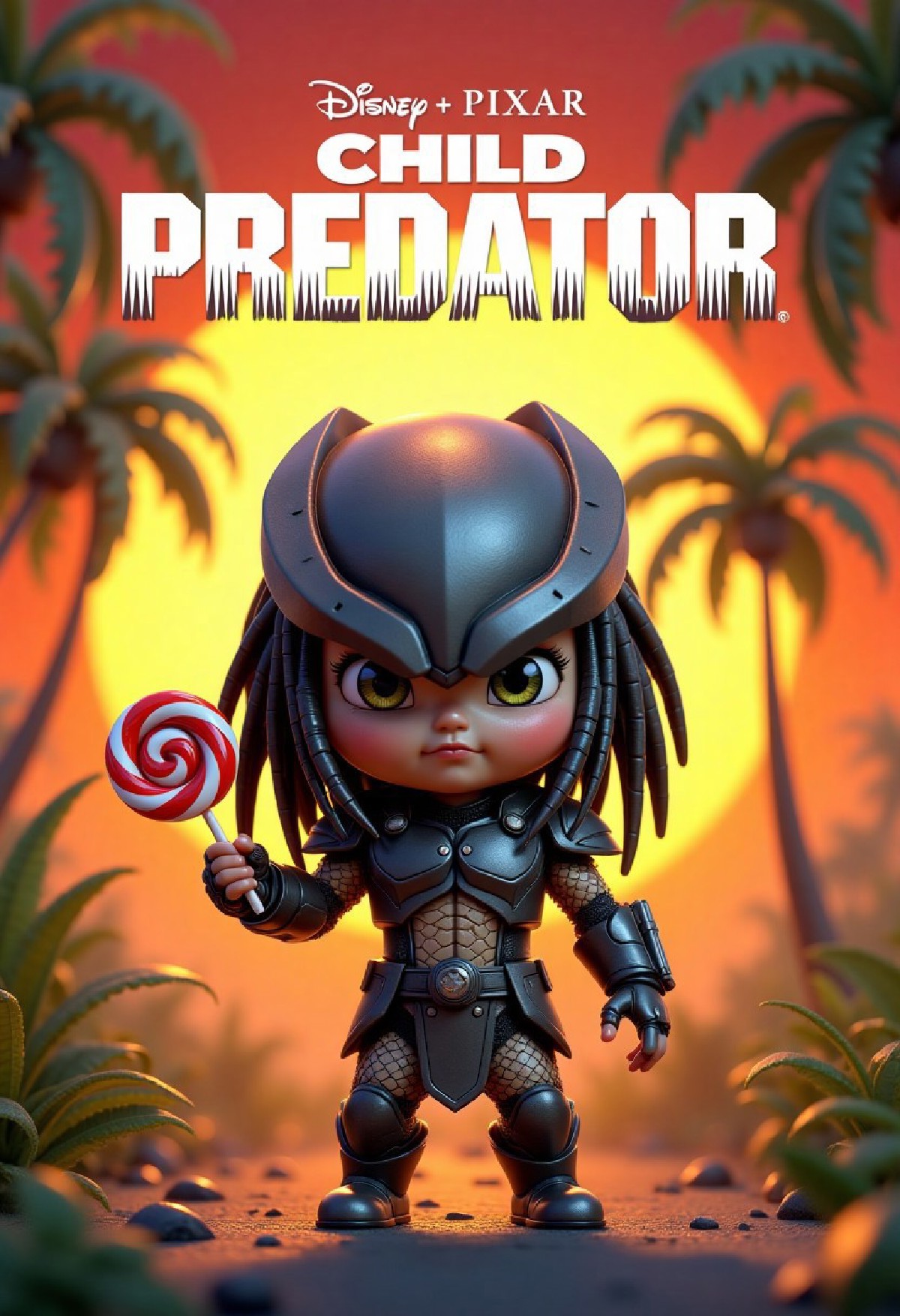 A Disney-Pixar–style 3D animated movie poster featuring a child version of the Predator (from the Alien vs. Predator fra
