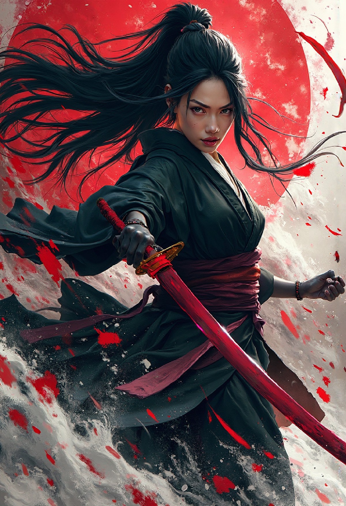A  photon illustration of a female samurai warrior in action. She is wearing a black kimono and has long dark hair that