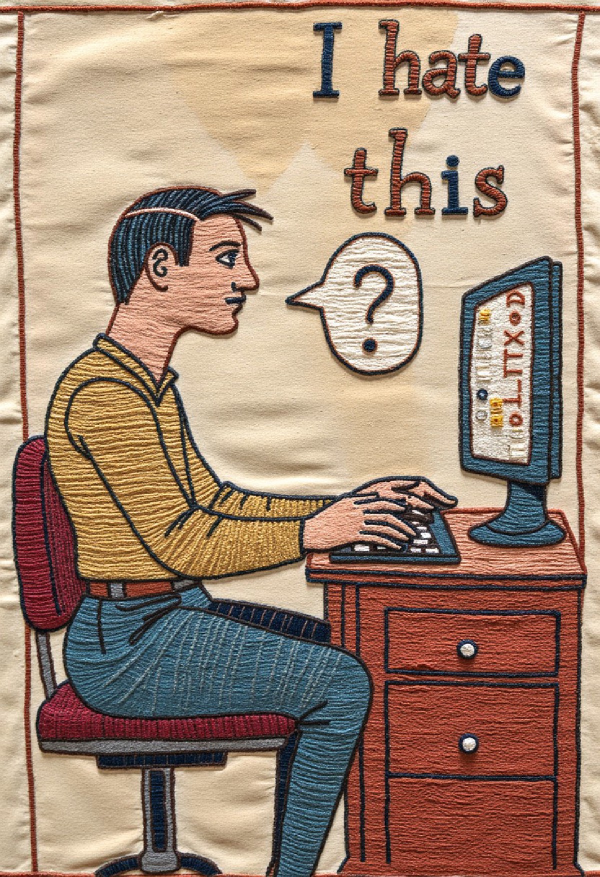 tapestry_style, a man sits at a computer working on a spreadsheet, on the computer screen is a text which says "I hate t