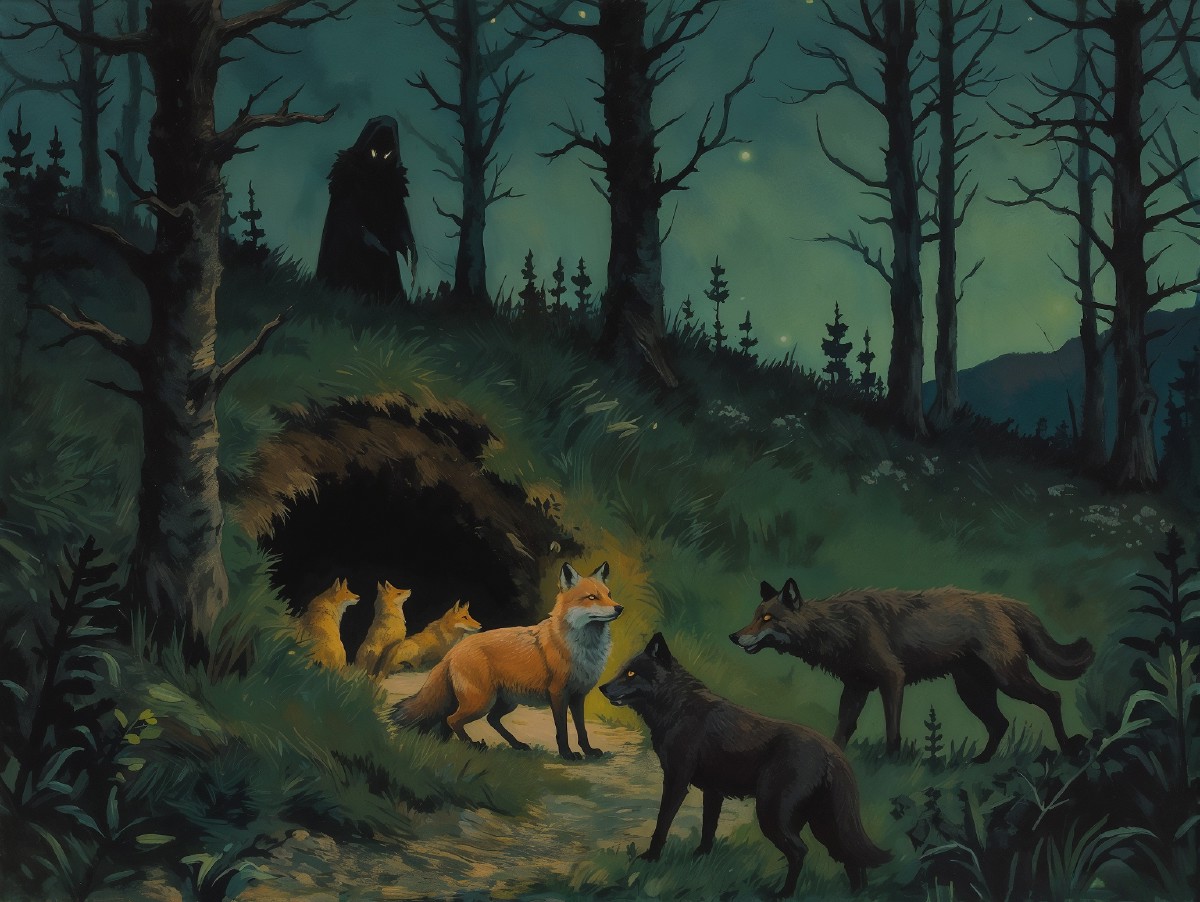 The image portrays a nighttime forest scene with a dark, moody atmosphere. The central focus is a burrow embedded into a