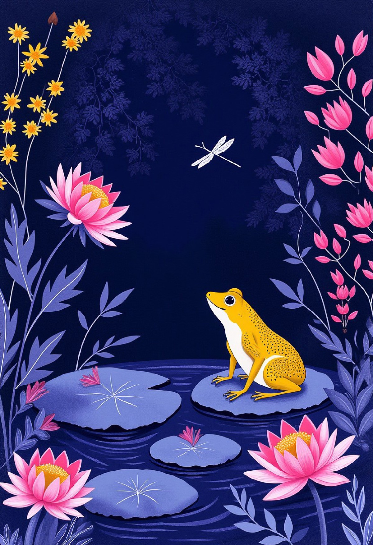 style of Rob Ryan, illustration, a frog sits on a water lily in the pond, a dragonfly flies by, flowers and reeds, (purp
