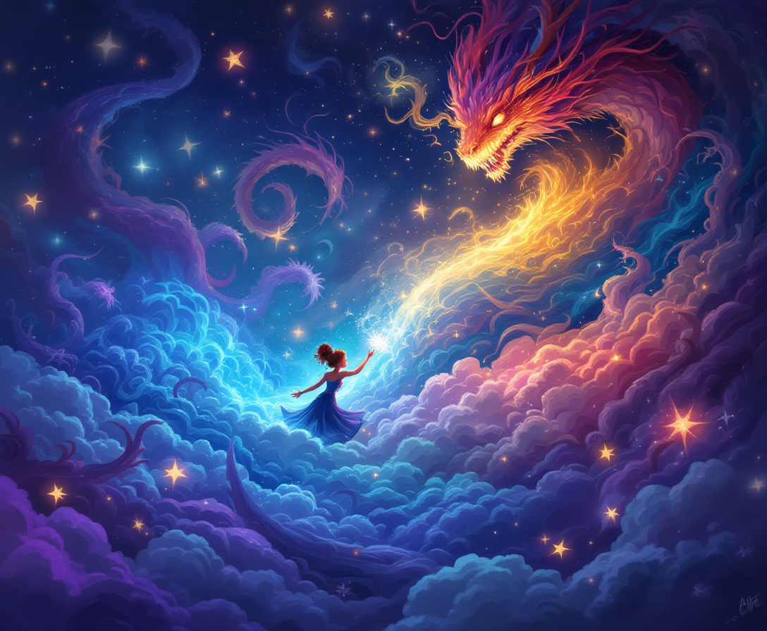 enchanting scene depicting Aoife interacting with the dreams of a sleeping dragon, Pixar-inspired ar...