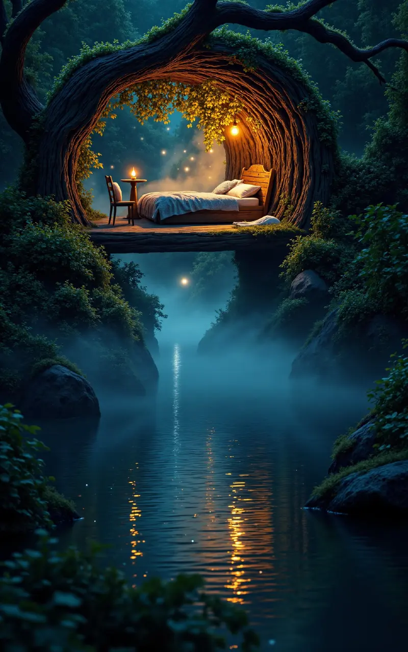 Fantasy bedroom perched in a massive tree beside a misty lake, with an open wall revealing a glowing riverbank forest. I