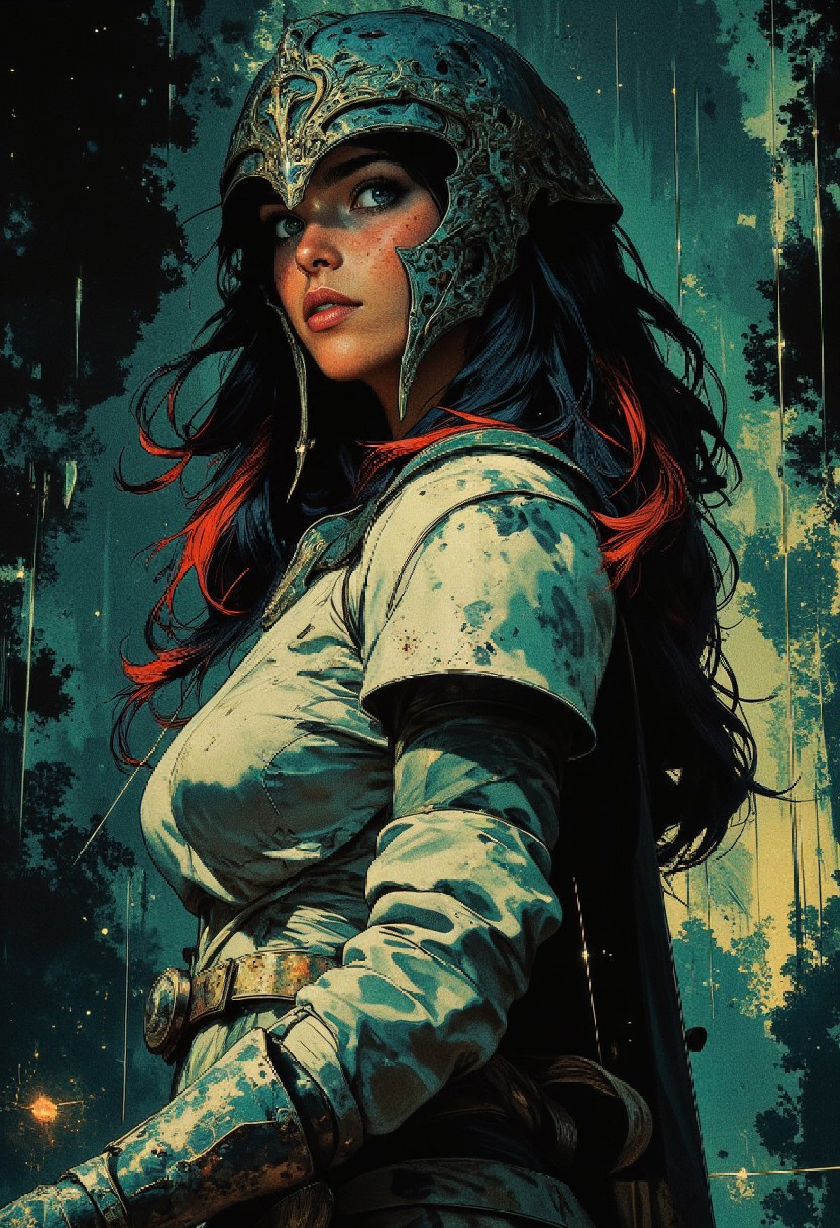 stunning female korean templar knight, long multicoloured hair (dark with blue and red highlights), helf-helm, bangs, da