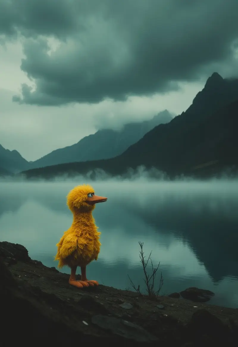 The image is a melancholic photograph of a misty landscape, where the sky is shrouded in dark, brooding clouds that cast