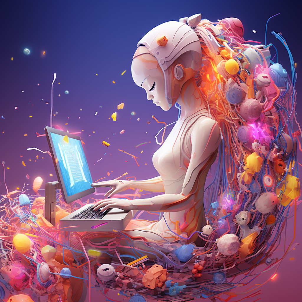image of a abstract futuristic humanoid little computer which represents midjourney ai in a colorful...