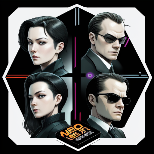Boardgame box art with Neo, a Machine agent, and agent smith's face