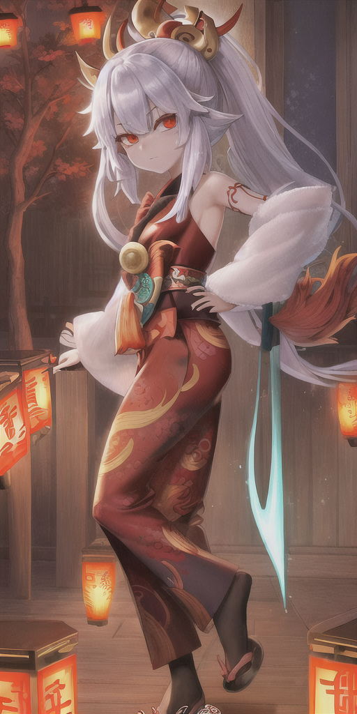 An illustration, of a kitsuné, Oni, Nué, Tengu, my funji decor, anime style, HD, 2K, very detailed