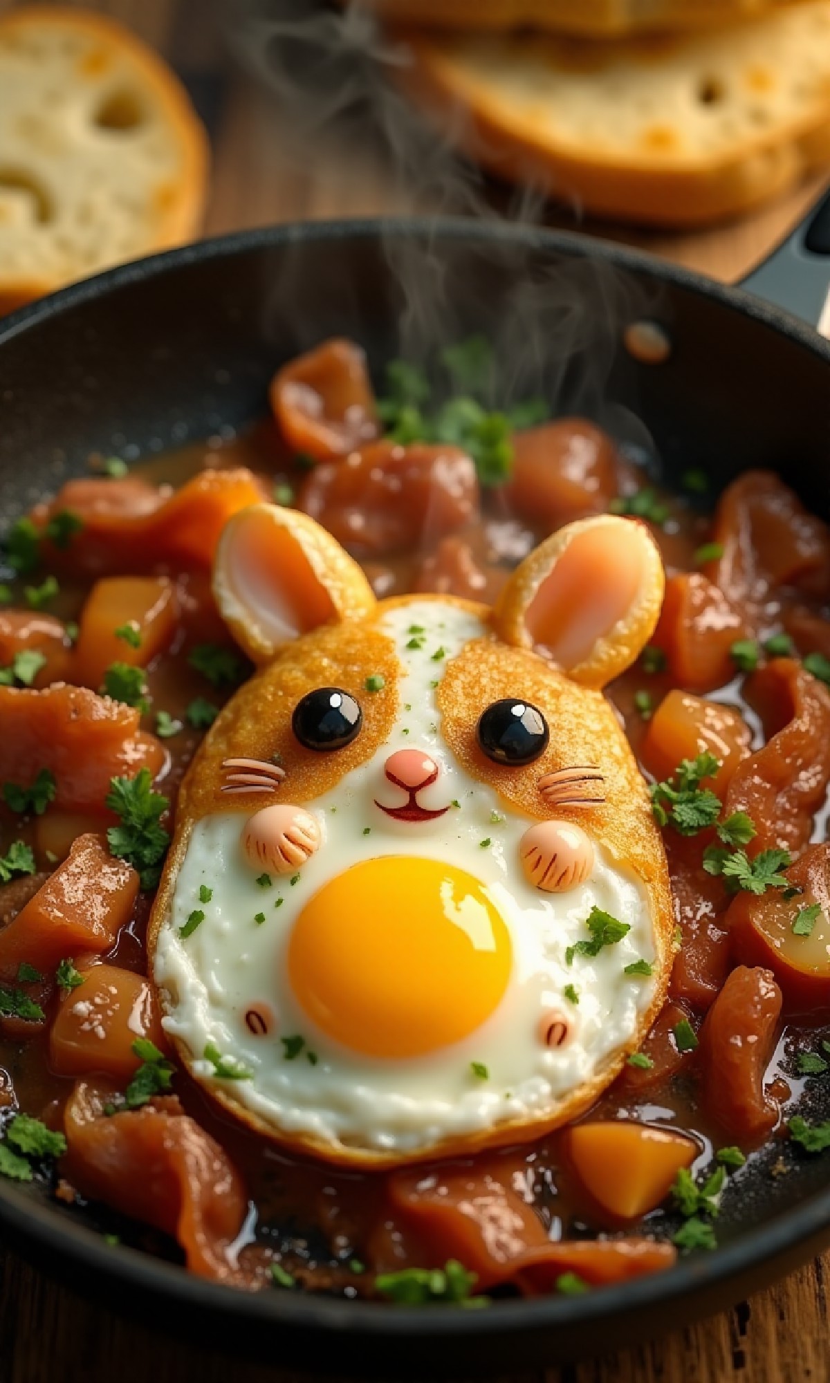 Food photography style view from above, Create an image of a fried egg shaped like a cute hamster. The egg should be arr