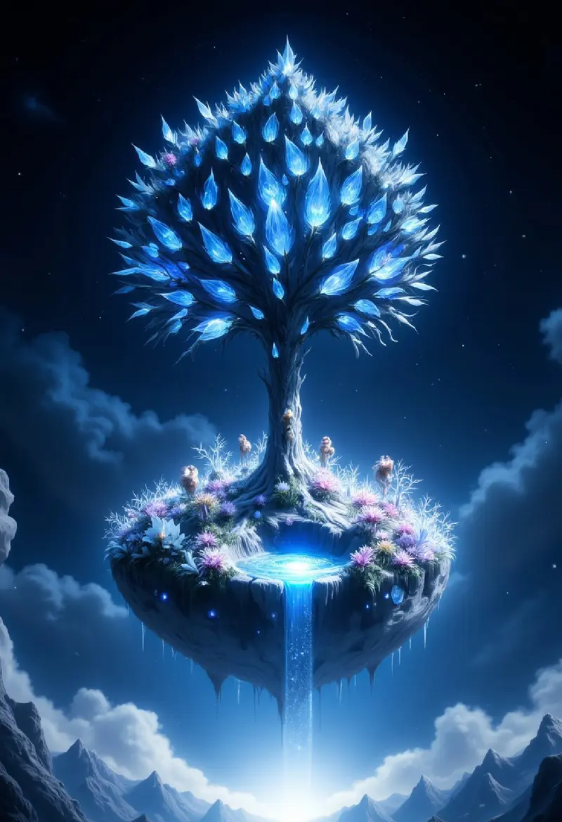 Picture a serene garden floating on a small moon, its surface covered in silver grass and shimmering flowers that bloom