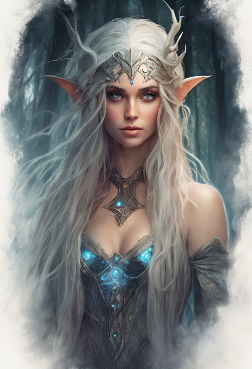 Beautiful (female) Wood Elf dressed as wizard, detailed gorgeous face, Beautiful big (heart-shaped) ...