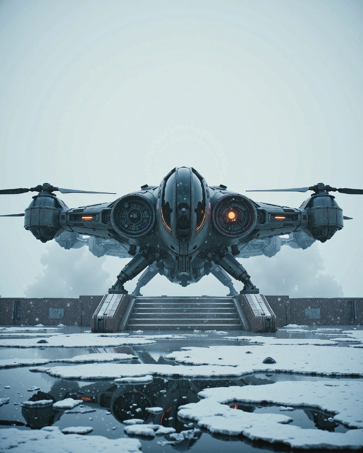 in the style of cksx, dynamic angle shot of a VTOL ckspaceship gunship landing on a platform as the main focal point. in
