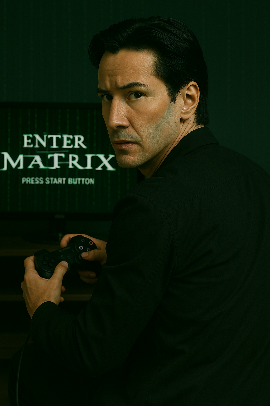A Matrix character watching you as he plays the playstation to the Matrix game that he is with his b...
