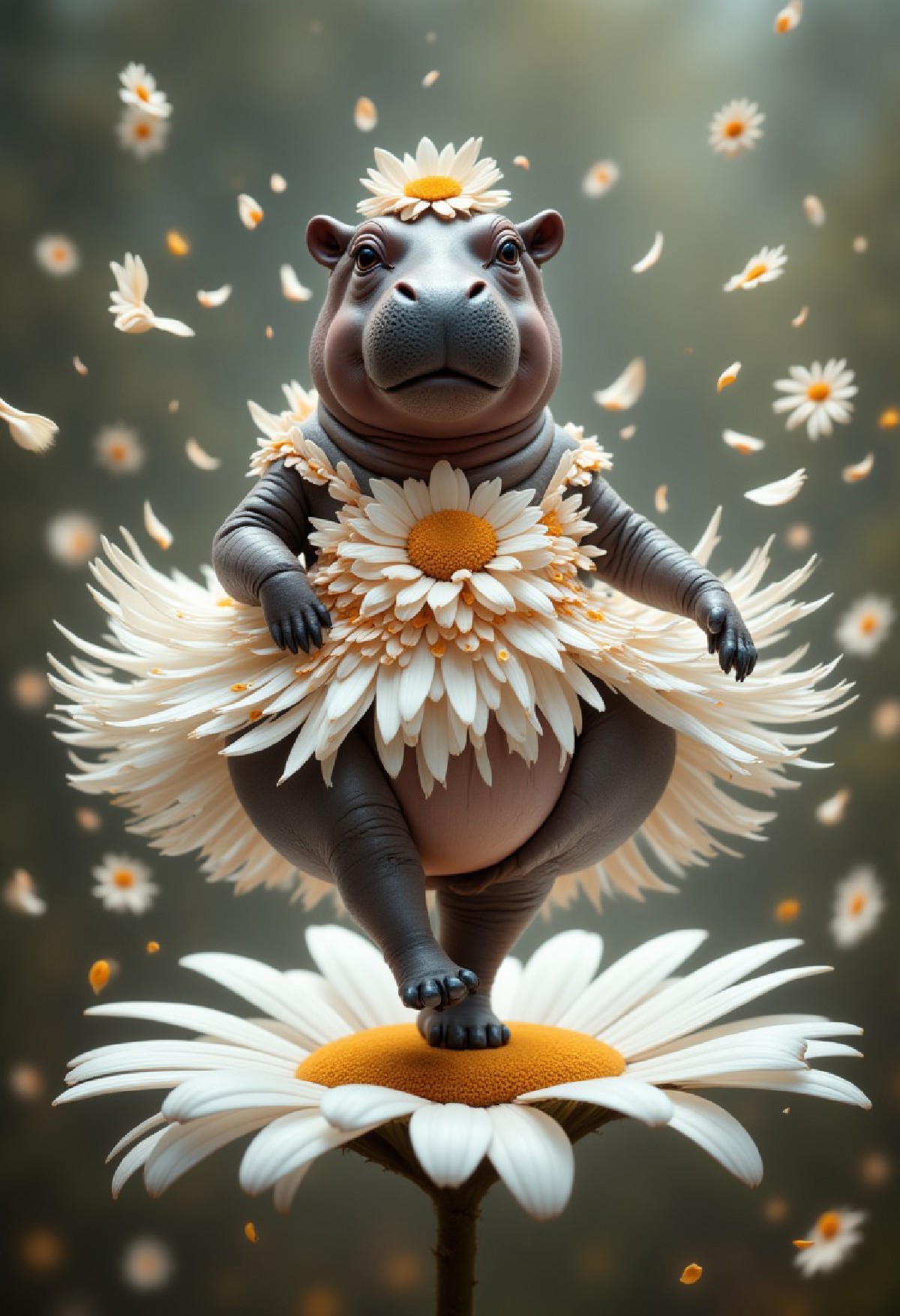 hippopotamus dancing on a daisy, wearing a ballet tutu made of daisy petals and pointe shoes, leap creates a spiral of p
