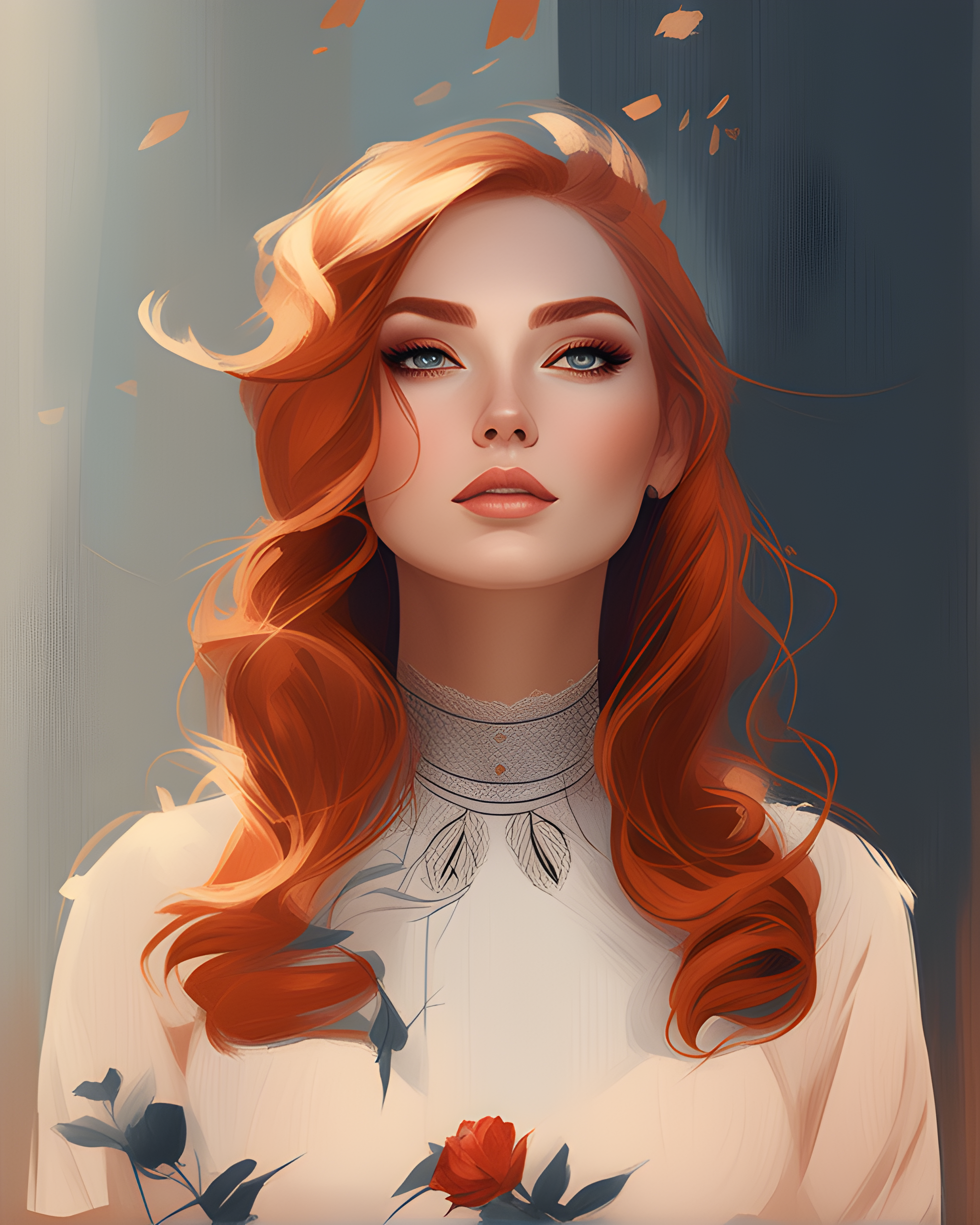 a painting of a woman with long red hair, realistic cute girl painting, shallan davar, portrait of a...