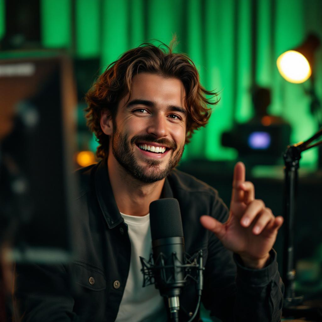 A hyper-realistic photo of a young male content creator in his late 20s, sitting in a modern podcast...