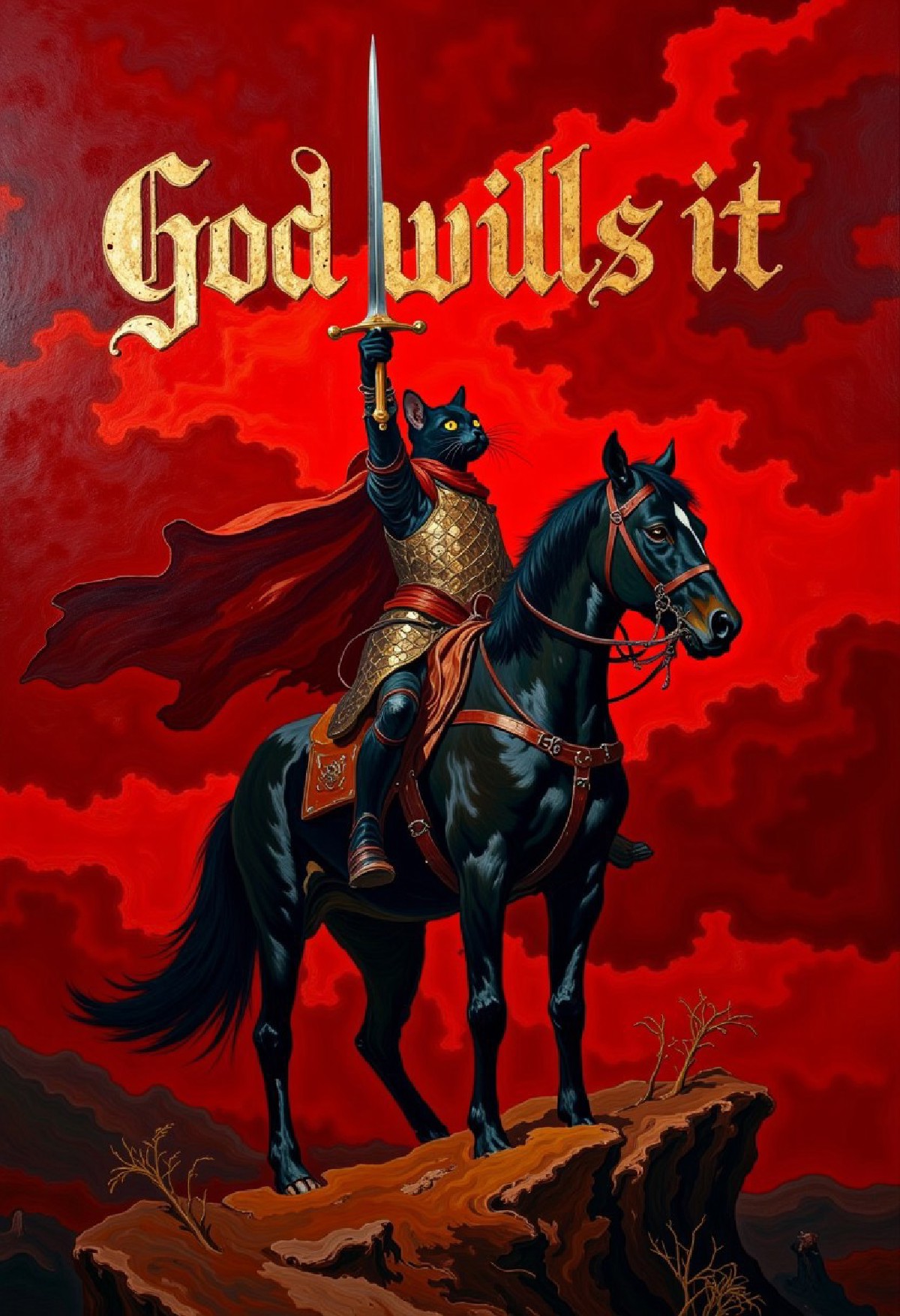 oil painting of a black cat crusader on horseback with a longsword pointed to the sky. Cloudy dark red sky.Text on scree