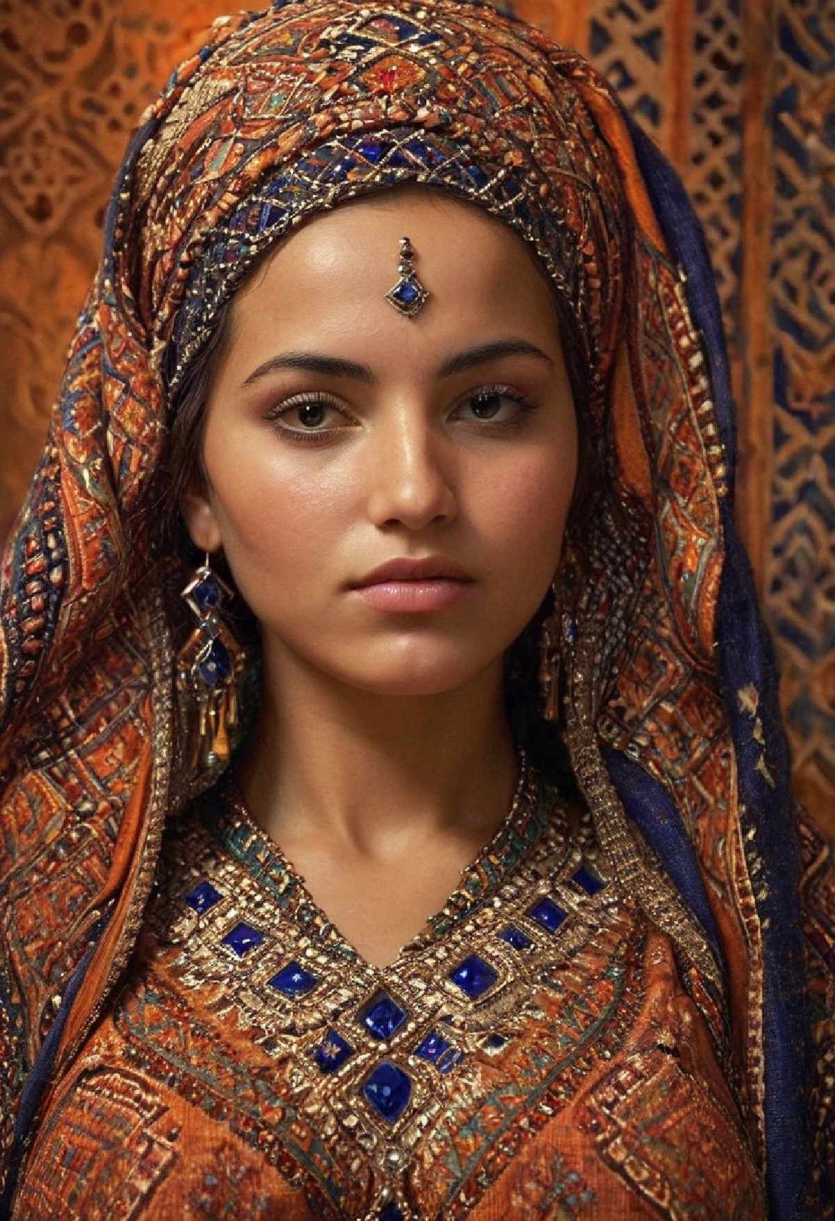 Zarabi Woman: Fabric of Beauty
Concept: adrr-zrb, patterns, intricate weavings, rich colors, woman, portrait, elegant, v