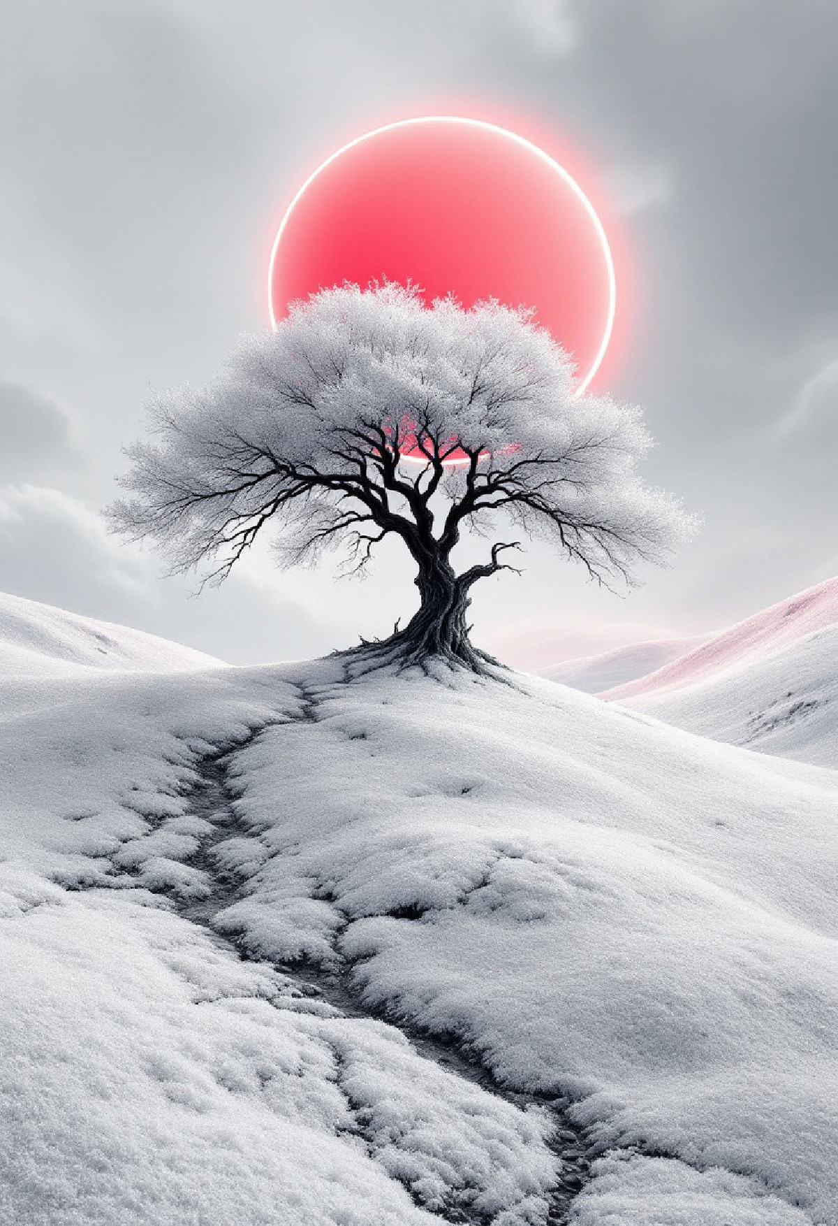 Abstract, white fleecy hill, sprawling black and white tree, red neon disk shining on a white and gray sky, abstract nat