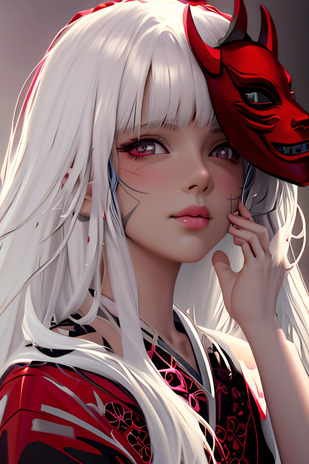 anime girl with white hair and red mask on her head, anime style. 8k, anime style 4 k, stunning anim...