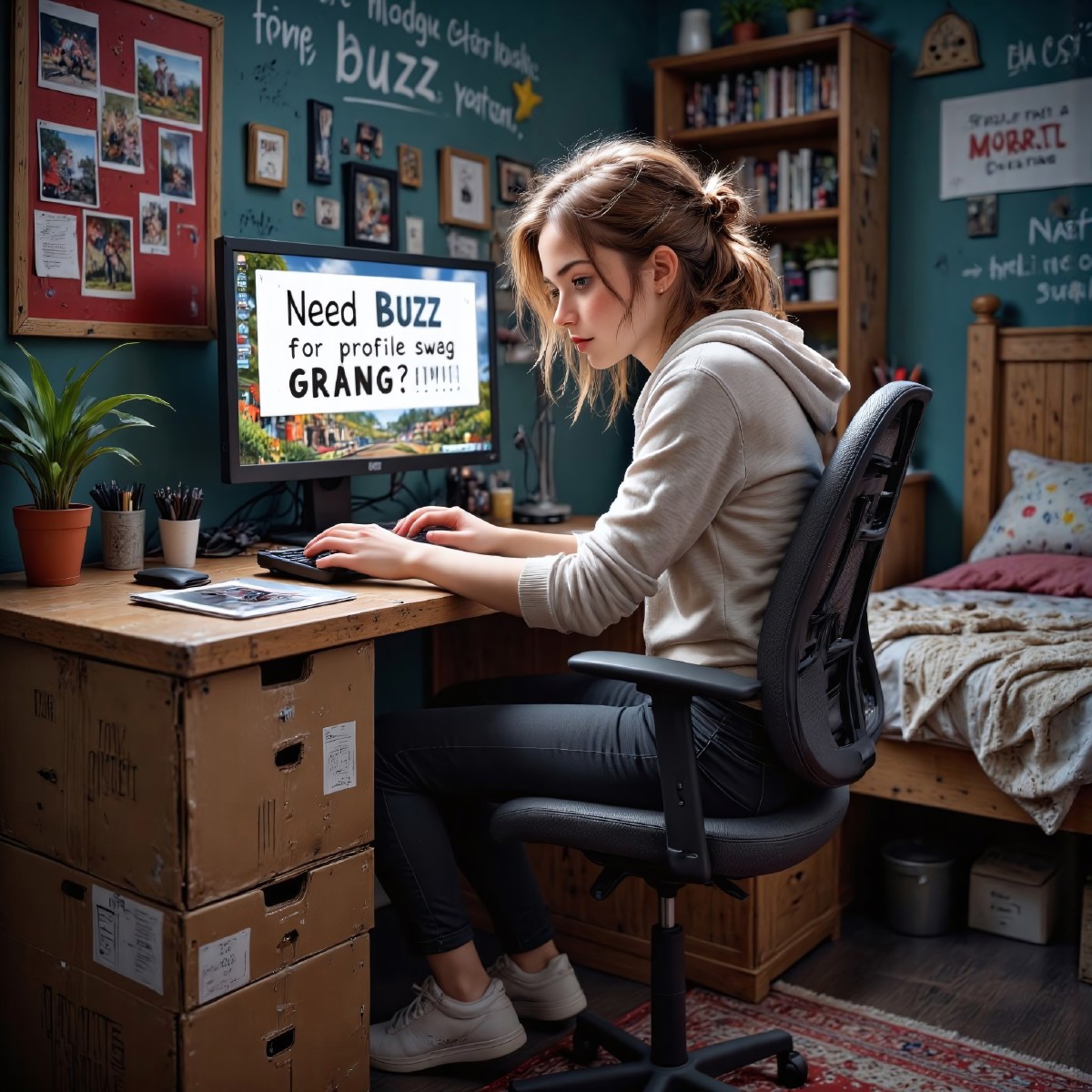 gamer girl playing at a scuffed set up, computer single monitor ontop of cardboard box, cardboard dirty bed in the corne