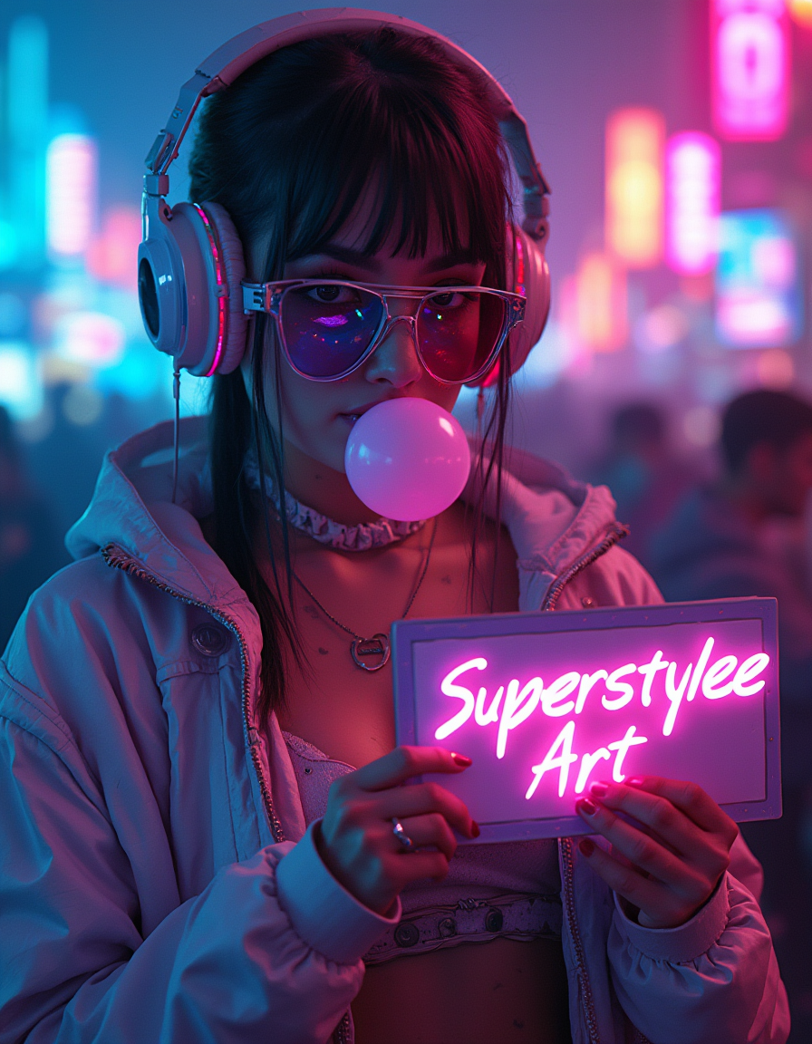 a woman covered in synthwave and factorial lights, set in a vibrant cyberpunk environment. She is we...