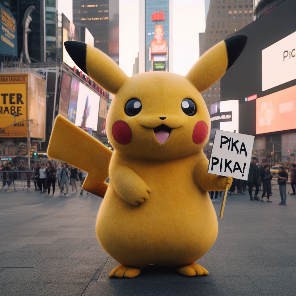 Hyper realistic picture of pikachu facing time square street, holding a sign that says "Pika Pika!"