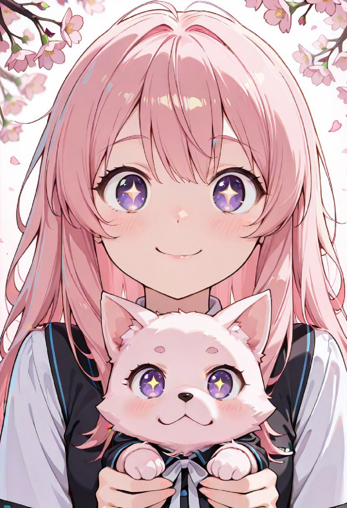CivChan, purple eyes, sparkling eyes, pink hair, 1girl, holding puppy, blush, slight smile, looking at viewer, [romantic