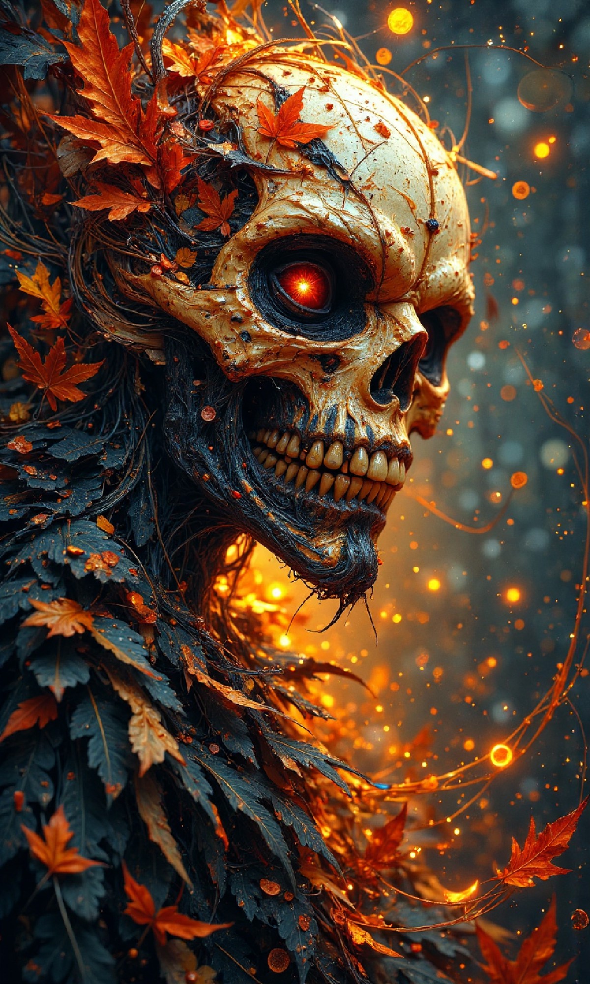 hyper realism, creepy eerie Jack-o'-lantern pumpkin side view, abstract background with geometric shapes, various circle