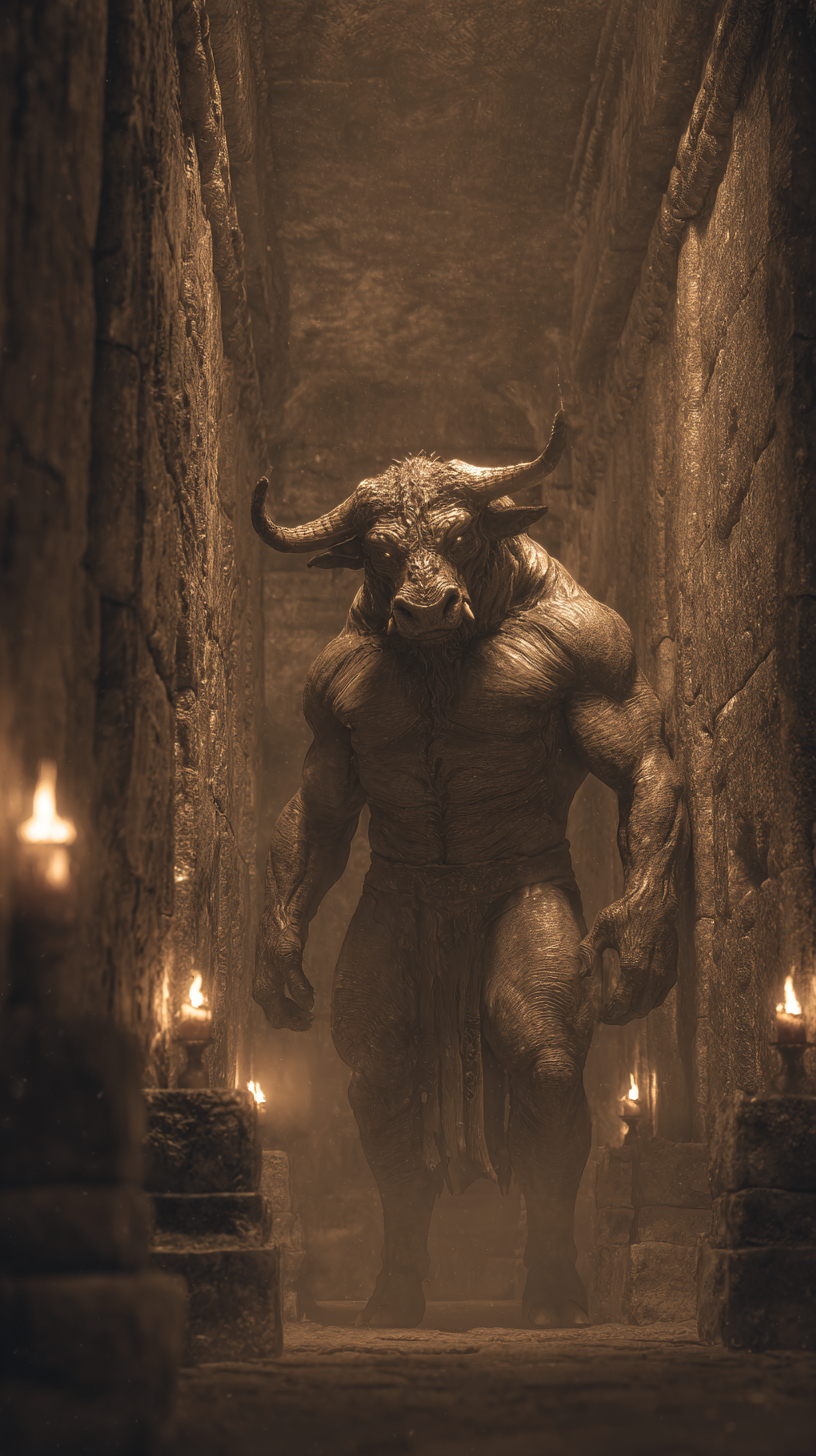 A mythological creature from ancient Greek mythology: the Minotaur. Depict a powerful humanoid monst...