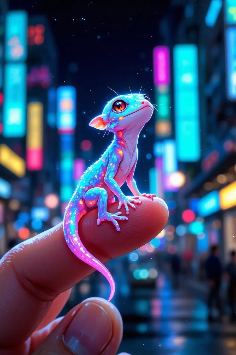 A tiny alien gecko with translucent, crystalline skin that refracts light into dazzling rainbow colors. It has six delic