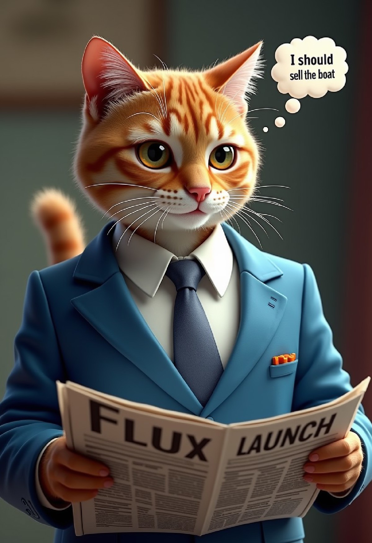 A cat wearing a blue business suit and tie, reading a newspaper, newspaper headline says "FLUX LAUNCH", cat thought bubb