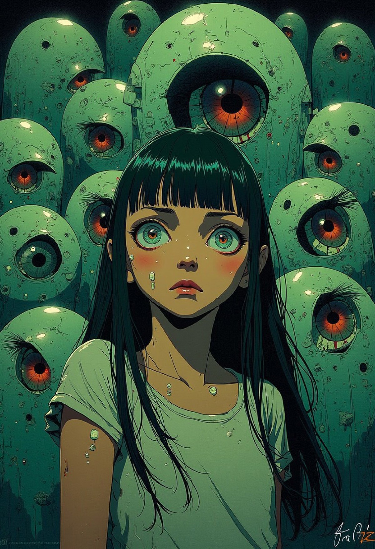 anime, cyberpunk, A young girl with large, apprehensive eyes stands amidst a cacophony of disembodied, bloodshot eyes. R