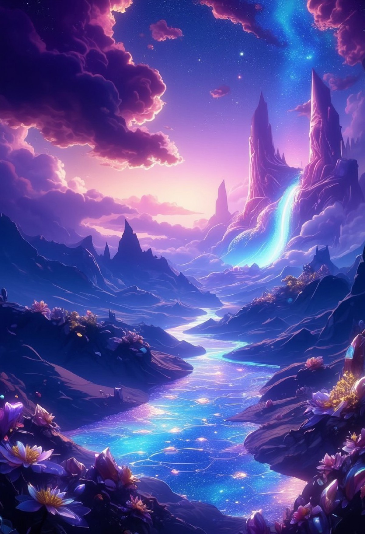 A mesmerizing oasis stretches across an endless desert of deep-blue sands, shimmering under a violet sky filled with sta